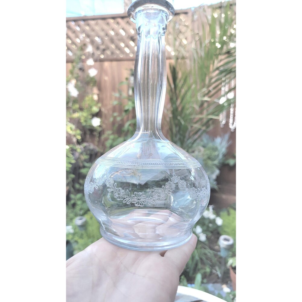 Antique Uranium Glass Carafe — Hand-Blown, Etched Floral & Scroll, c. 1900